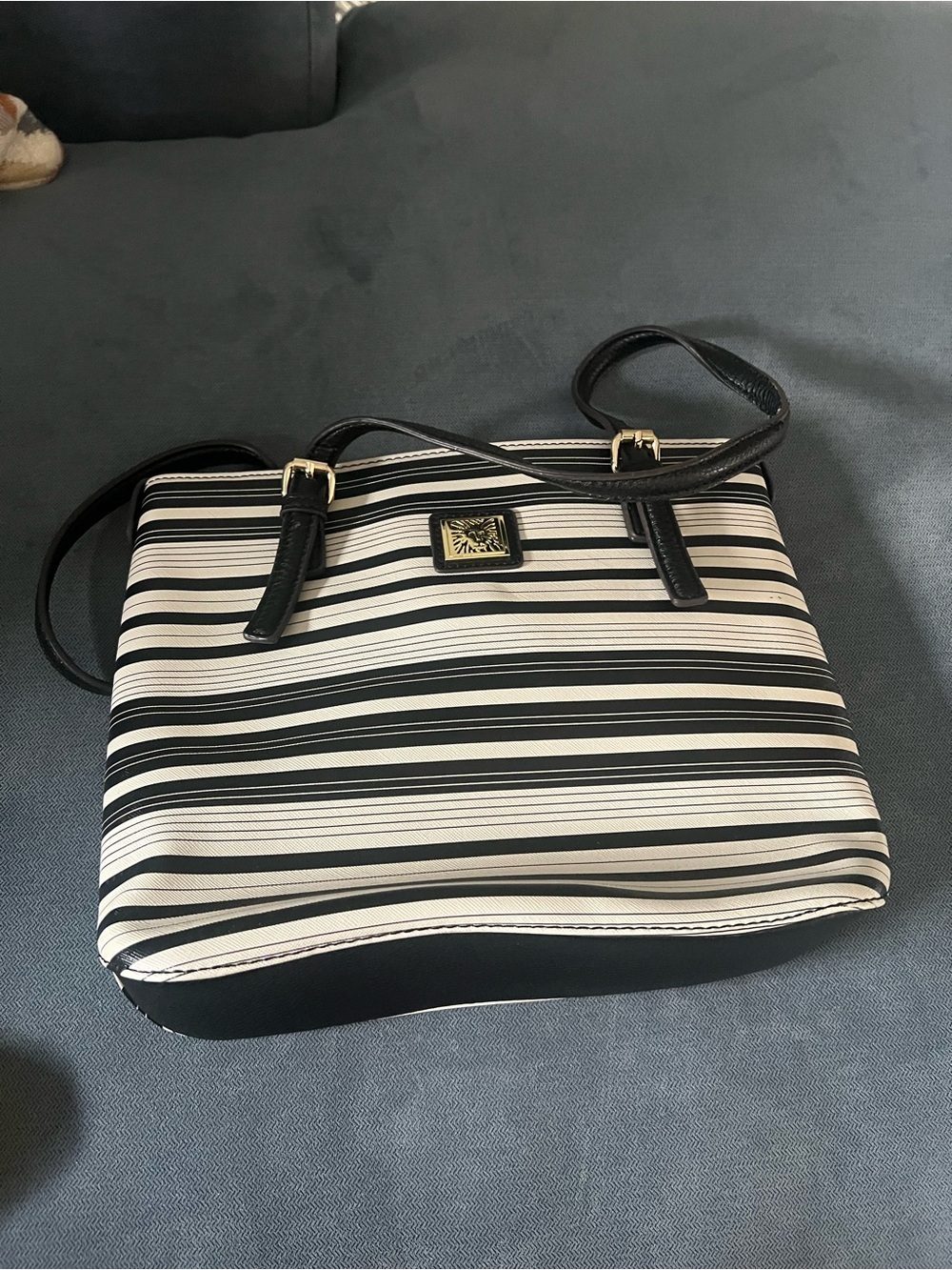 Anne Klein Black and White Striped Shoulder Bag with Gold Accent